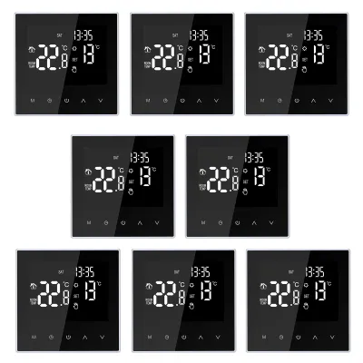 A collage of multiple smart digital thermostats.