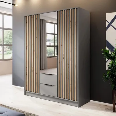 Produktbild von Kleiderschrank Stilo Graphit Grau mit Spiegel & Lamellen – 155 cm, 3 Türen, 2 Schubladen, Loft