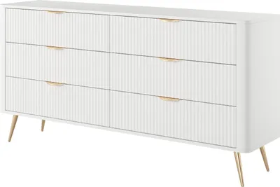 Produktbild von BETTSO Kommode LANTE 163 cm - weiß, 6 Schubladen, kannelierte Fronten, goldene Griffe und Beine, einzigartige Eleganz