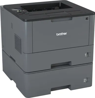A Brother laser printer with two paper trays stacked below it, shown from a three-quarter front angle.