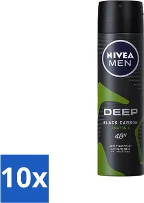 Image de Nivea - Homme - Déodorant - Spray - Noir profond Carbon Amazonia - 150 ml - Pack avantage - 10 pièces