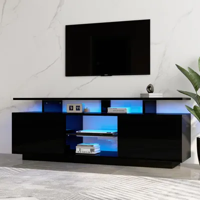 Produktbild von STILVORA schwarzer TV-Schrank mit 16-farbiger LED-Beleuchtung, Aufbewahrungsschrank für 60-Zoll-TV, 16-farbige Lichtleiste, hochglänzende Türblätter mit Glasfächern