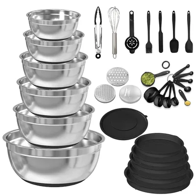 Produktbild von 6 Set Edelstahl Rührschüssel Schüssel Salatschüssel mit 6 Deckel und 3 Reibe für Servieren Kochen Backen Aufbewahren