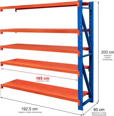 Zdjęcie produktu dla Regał metalowy magazynowy warsztatowy 5-półkowy Mega-M FORTIS LIGHT 200x192,5x60 cm moduł dostawny