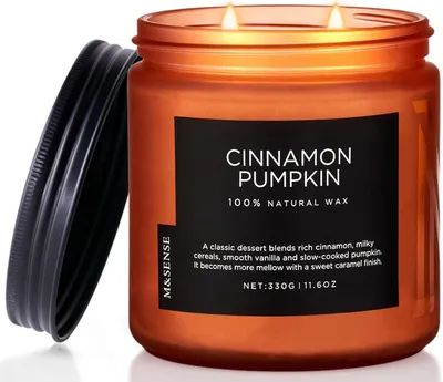 Productafbeelding van Kaneelpompoen herfstgeurkaars, 330 g, natuurlijke sojawas, 2 lonten, herfstbrandende kaars, 70 uur brandduur, glazen kaars