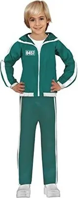 A child wearing a green tracksuit with white stripes.