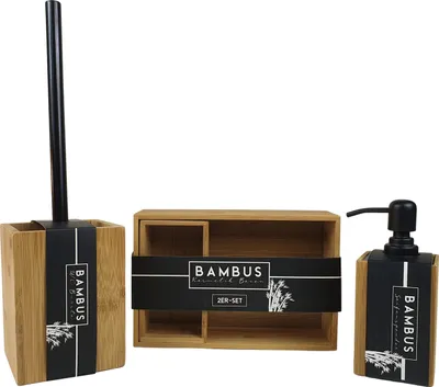 Produktbild von Sesua Bambus Badezimmer Set 3tlg. Badzubehör Seifenspender WC-Bürste Kosmetik- Kästchen