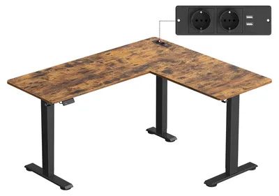Produktbild von Elektrisch höhenverstellbarer Schreibtisch - L-förmiger Eckschreibtisch - 140×160 cm - Mit Ladestation - Sitz/Steh - Vintagebraun & Schwarz
