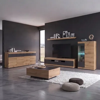 Produktbild von Wohnzimmer-Set inkl. Beleuchtung, in Eiche mit Graphit, modern, 5-teilig - SANZA-61
