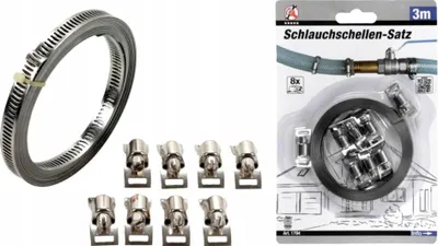 A product shot of hose clamps and a set of hose clamps in packaging.