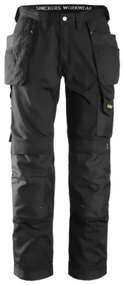 A pair of black work pants with multiple pockets.