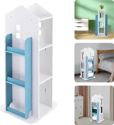 Productafbeelding van Draaibaar boekenkast, blauw van kleur, in de vorm van een slot, voor bevestiging aan de vloer, met 4 etages, draagvermogen van 100 kg