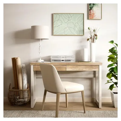 Produktbild von Duro Schreibtisch 120 cm, Moderne Landhaus Schreibtischkonsole mit 2 Schubladen, für das Home Office, Holzwerkstoff in Pinie Weiß/Antikeiche Holzdekor