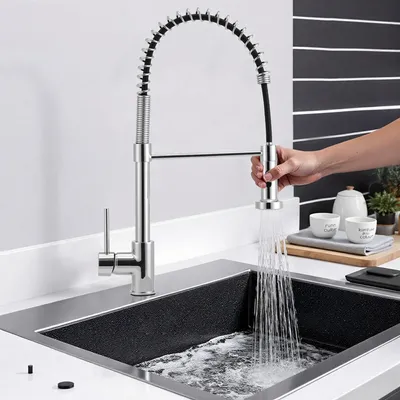 A person is using a kitchen faucet to fill a sink with water.