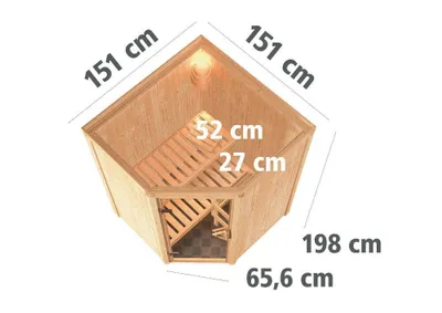 Productafbeelding van Karibu Sauna, binnensauna, Nanja-model. Hoekinloop. Oven: 3,6 kW, externe bediening. Afmetingen: 151x151x198 cm. Zonder dakrand. Met grafietdeur