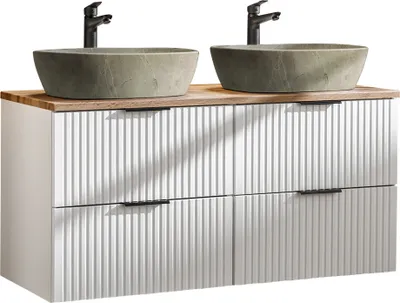 Produktbild von Badmöbel Waschtisch Unterschrank Set 120 cm matt weiß mit Wotaneiche, 2 Softclose Schubkästen, 2 Keramik-Waschbecken Betonoptik