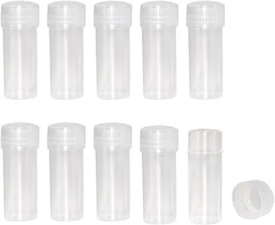 Produktbild von 20 durchsichtige, zylindrische Reagenzgläser aus Kunststoff (0,17 oz) mit Kunststoffdeckeln