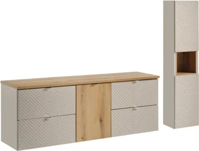 Productafbeelding van Ensemble AOKI : meubel onder wastafel met lades + wasmand + eiken wastafelblad + kolomkast