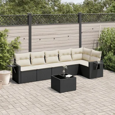 Produktbild von Design 7-tlg. Garten-Sofagarnitur mit Kissen Schwarz Poly Rattan, Gartenmöbel-Sets 2024 Neu