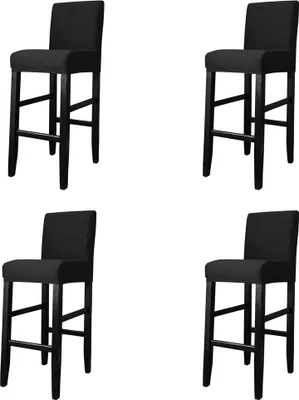 Four black bar stools are shown against a white background.