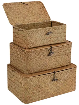 Imagen del producto de Omgoods - Juego de 3 cestas de almacenamiento con tapa, hechas de hierba marina