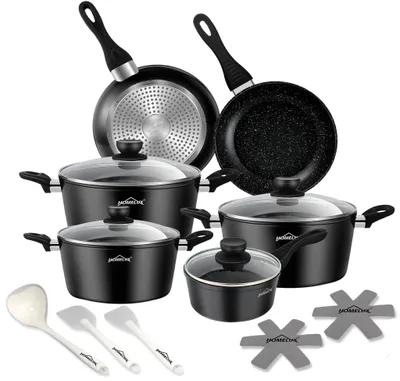 Produktbild von Topfset Induktion 15-Tlg Topfset Pfannenset Kochtopfset, Aluminium Antihaft-beschichtete Töpfe & pfannen,Cookware-Schwarz(HLCW15BK)