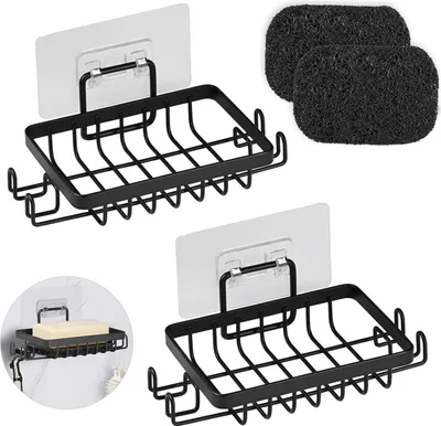 Produktbild von Wandmontiertes Seifenablage - Selbstklebender Seifenhalter mit Haken und Seifenschale für Badezimmer und Küche - Edelstahl (Schwarz)