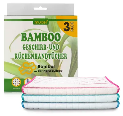 Zdjęcie produktu dla Ściereczki bambusowe MUXEL - 3x bambusowe ściereczki do herbaty - wyjątkowo chłonne ściereczki do czyszczenia - miękkie ściereczki bambusowe do polerowania, suszenia i wycierania - ekologiczne uniwersalne ściereczki bambusowe
