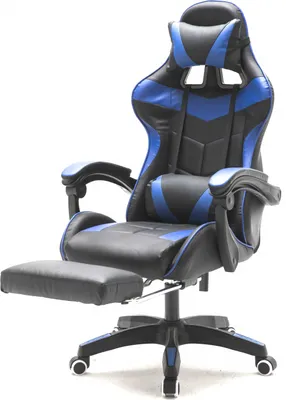 A gaming chair with a footrest, shown from a slightly angled front view against a white background.