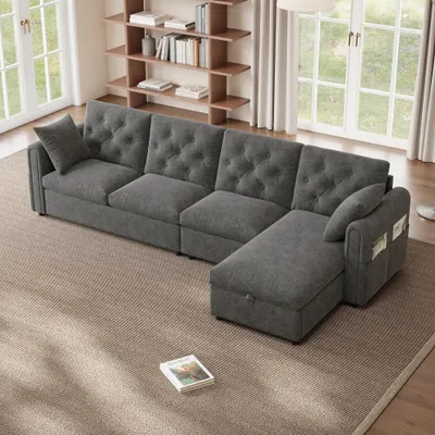 Produktbild von Modernes Samtsofa mit Stauraum: Wendbare Chaise longue, Fußhocker, Magazintaschen & Knopfheftung, Grau (281×86×71 cm)
