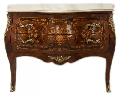 Image de Commode baroque Casa Padrino, en bois de noyer, couleur marron, avec incrustations et plateau en marbre, dimensions : 100 x 45 x 85 cm