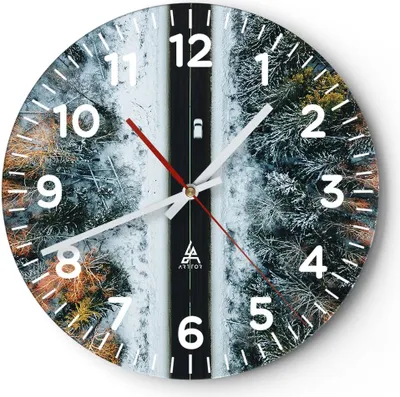 Produktbild von Wanduhr - Rund - Glasuhr - Wald Weg Schnee - 40x40cm - Schleichendes Uhrwerk - Lautlos - zum Aufhängen bereit - Dekoration Modern - Wanddekoration aus Glas - C4AR40x40-4654