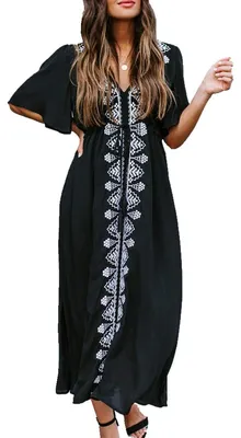 Productafbeelding van YouKD Zomerjurk met bloemenprint, lange kaftan, bohemien stijl, strandkleding, omslagdoek, maxi-jurk
