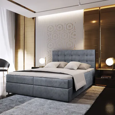A luxurious bedroom with a large bed, elegant wall paneling, and ambient lighting.