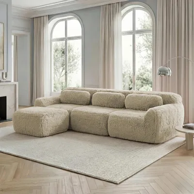 Image de Canapé bas en peluche en L, sans structure, modulable, ne nécessite aucun montage, avec coussins, 291 x 179 x 73 cm, kaki