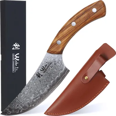 Produktbild von Wakoli Kleines Chefmesser 13 cm Klinge mit Olivenholzgriff und Klingenschutz aus Leder