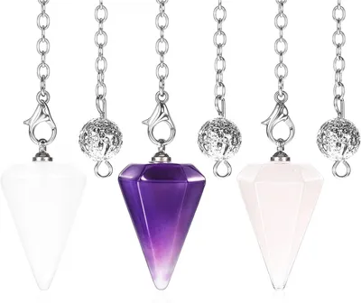 Produktbild von 3 Kristallpendel aus Amethyst, Rosenquarz und klarem Harz, sechseckige Edelsteinanhänger für Meditation und Wicca
