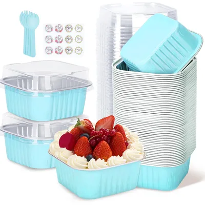 60 Mini-Backbecher aus Aluminium, 150 ml, blau, mit Deckeln
