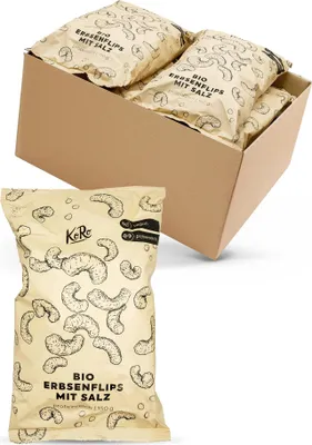 A bag of pea snacks is shown in the foreground, with a cardboard box filled with more bags of the same product in the background.