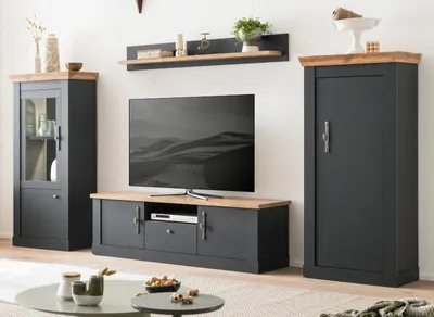 Produktbild von Wohnwand "Ribera" in grau und Wotan Eiche Landhaus Set 4-teilig 322 x 170 cm, Soft-Close