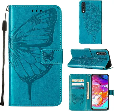 Produktbild von Galaxy A70 Hülle, Schmetterling Prägung Flip Leder Kartenfächer Schutzhülle Ledertasche mit Ständer für Samsung Galaxy A70 / A70S Blau