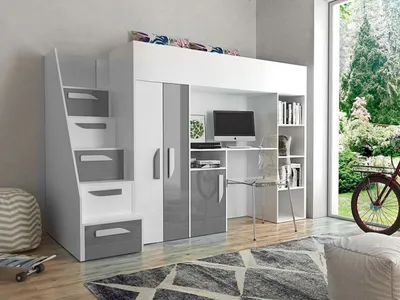 Obrázek produktu pro Zvýšená multifunkční postel 90x200 GRACLA - bílá / lesklá bílá / lesklá šedá