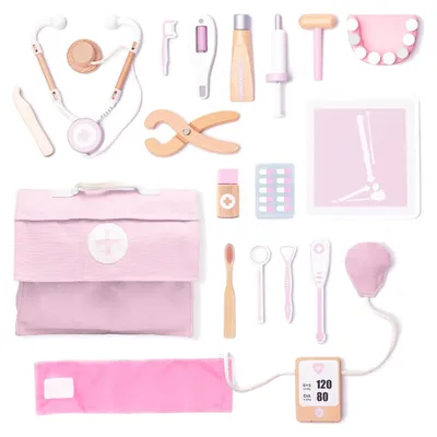 Productafbeelding van Kinder houten dokterstas speelset, standaard, roze dokterstas