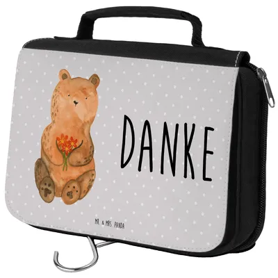 Produktbild von Mr. & Mrs. Panda duschbeutel Bär Dankbar - Grau Pastell - Geschenk, Teddy, kosmetiktäschchen, Kulturbeutel, Kosmetiktasche, Dankeschön, Danke, beauty case, Kulturtasche