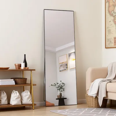 Obrázok produktu pre Obdĺžnikové kozmetické zrkadlo z tvrdeného skla, čierny hliníkový rám, 165 x 60 cm, elegantný moderný dizajn do spálne alebo kúpeľne