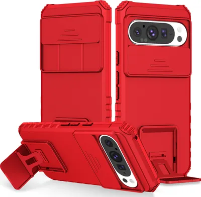 Produktbild von Dual Layer Hülle für Google Pixel 9 / Pixel 9 Pro Stossfest Robust Ständer Schutzhülle mit Schiebe Kamera Schutz Rot