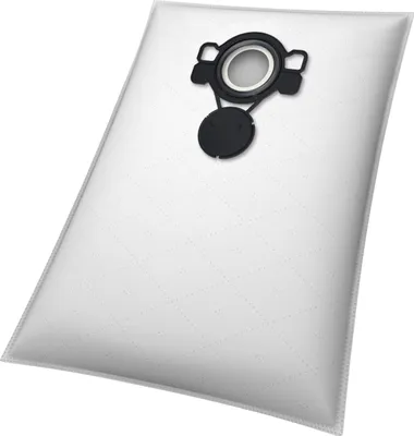 A white vacuum cleaner bag with a black connector piece is shown against a white background.