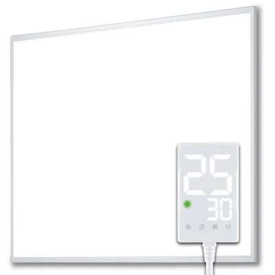 A white infrared heating panel with a digital display showing temperature settings.