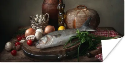 Produktbild von MuchoWow® Poster Rustikal - Fisch - Stilleben - Gemüse - Kräuter 120x60 cm - Bild