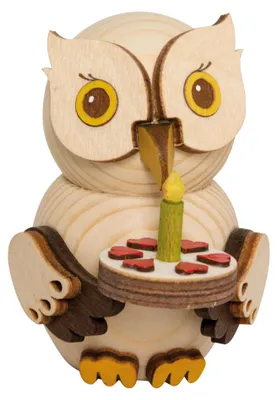 Produktbild von Drechslerei Kuhnert - Mini-Eulen aus Holz - mit Torte - ca. 7 cm groß - als Dekoration oder Geschenk geeignet